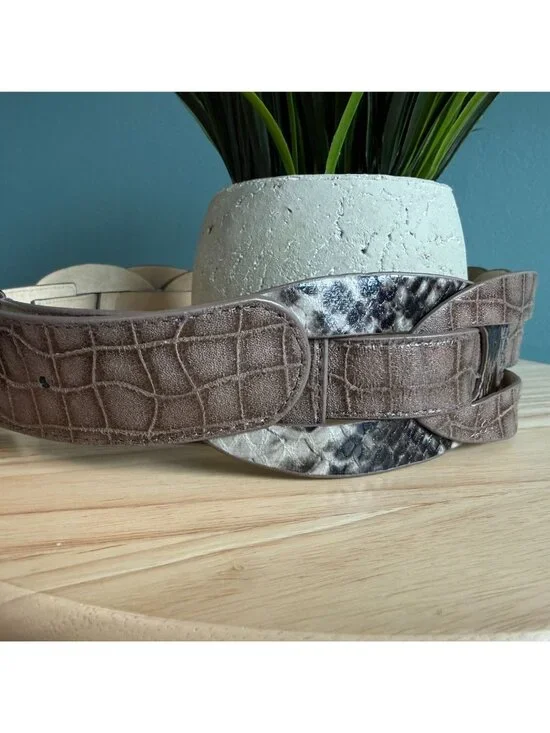 Chicos Belt M Brown Croc Embossed Faux Leather Belt With Snake Print Accents - Picture 11 of 16